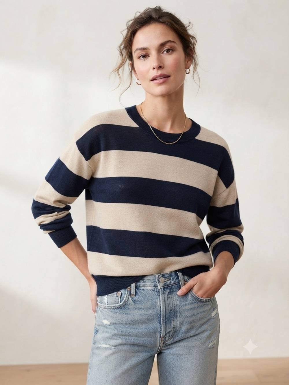J.Crew Quiet Luxury 100% Linen Striped Sweater Large Navy Beige Coastal Chic